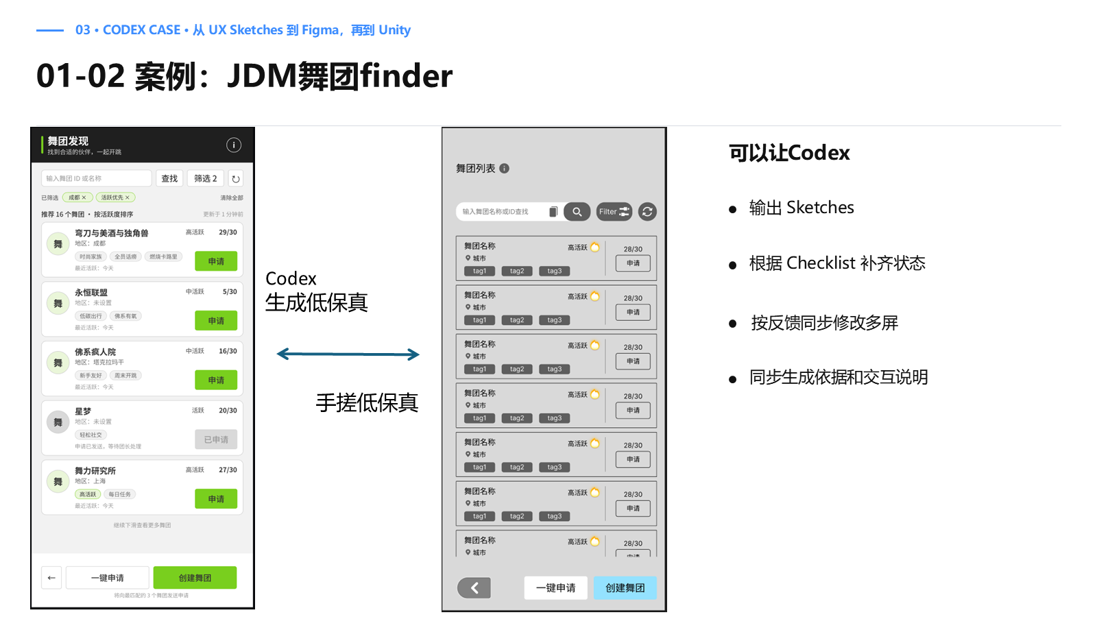 Codex 生成低保真与设计师手工低保真的舞团 Finder 对比